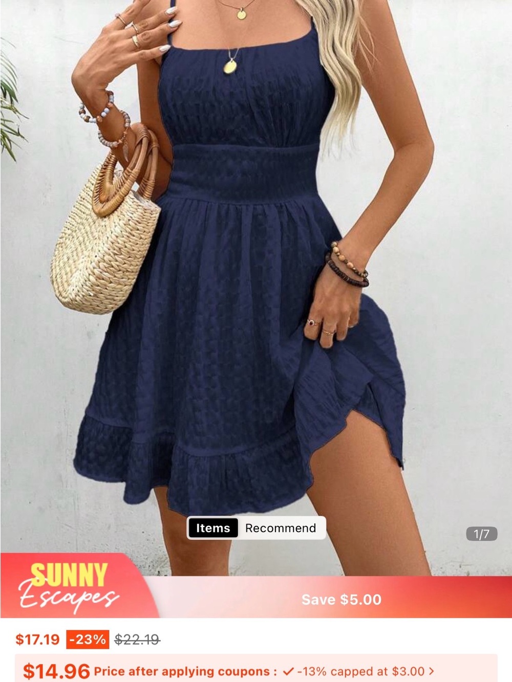 SHEIN Navy Textured Smocked Mini Dress with Ruffle Hem